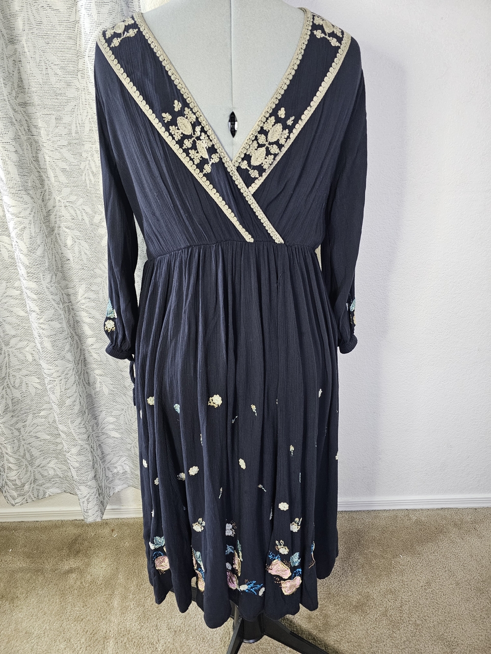 Free People Navy Embroidered Wrap Midi Dress - Picture 4 of 11